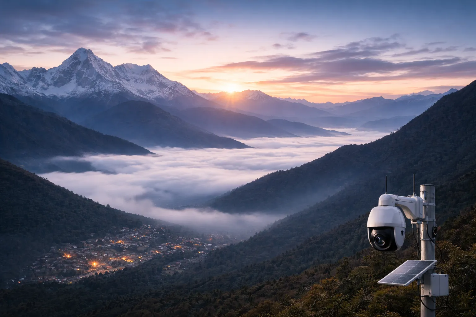 Himalayan mountains at sunrise with an intelligent CCTV camera