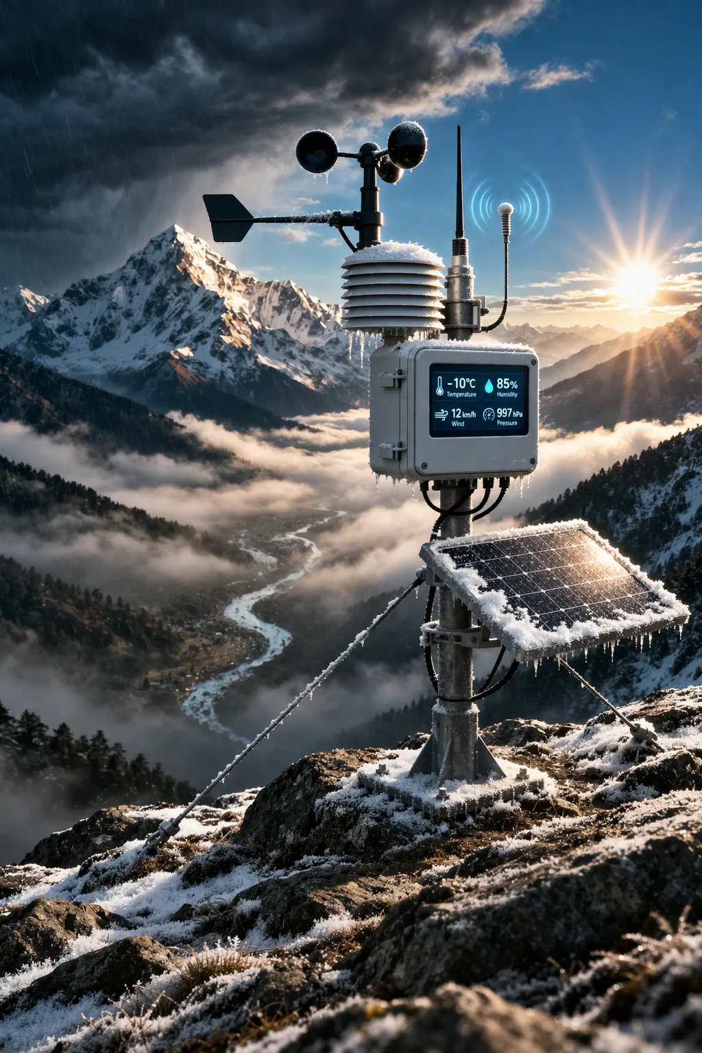 Weather station monitoring a mountain valley